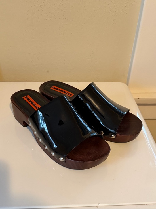 Simon Miller Shoes - Simon Miller Black Patent Leather Wood-Platform Clog Mules